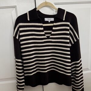 Like new Madewell sweater. Brown and white striped V-neck with collar.